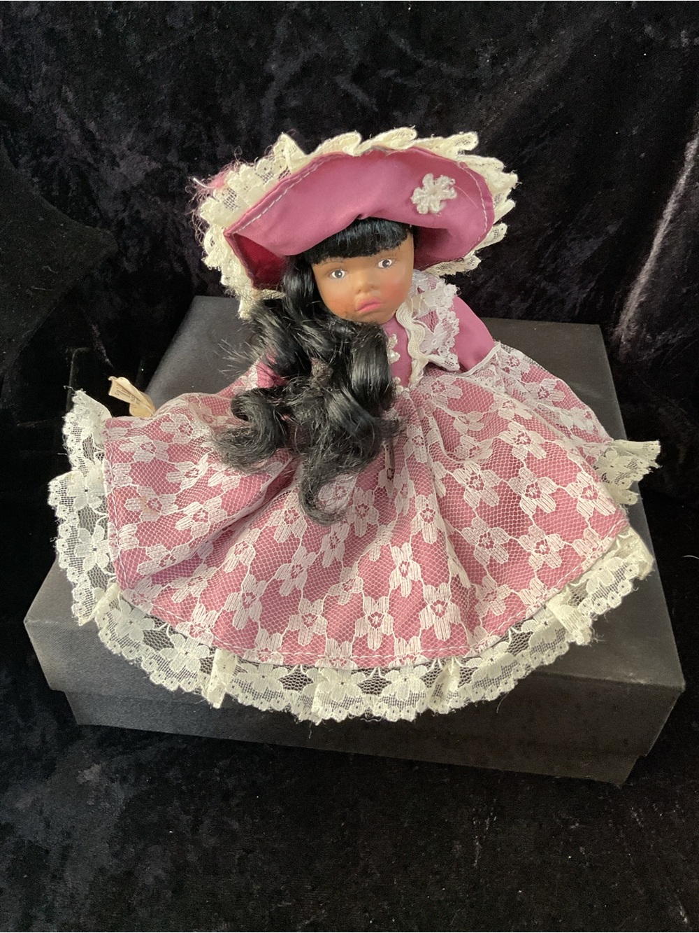Victorian-Style Porcelain Doll in Dusty Rose Lace Dress